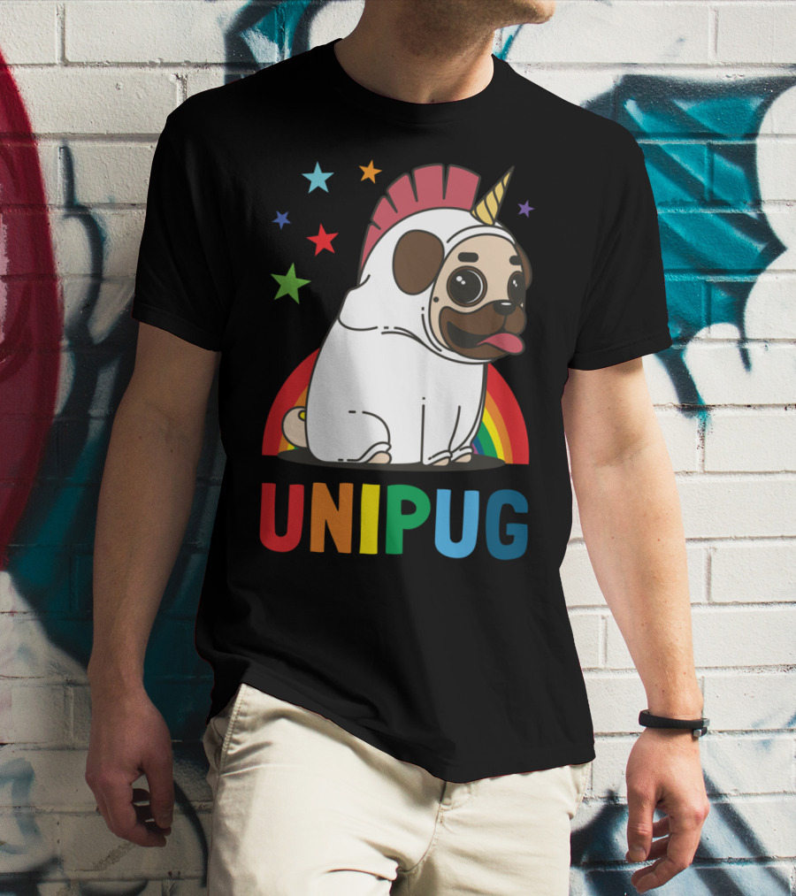 UNIPUG Rainbow Unicorn Pug Dog With Stars T-Shirt