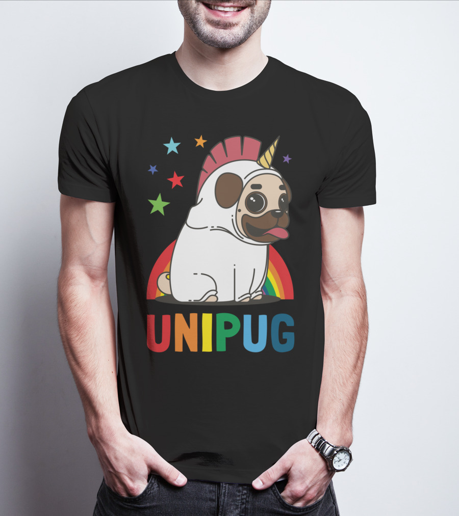 UNIPUG Rainbow Unicorn Pug Dog With Stars T-Shirt