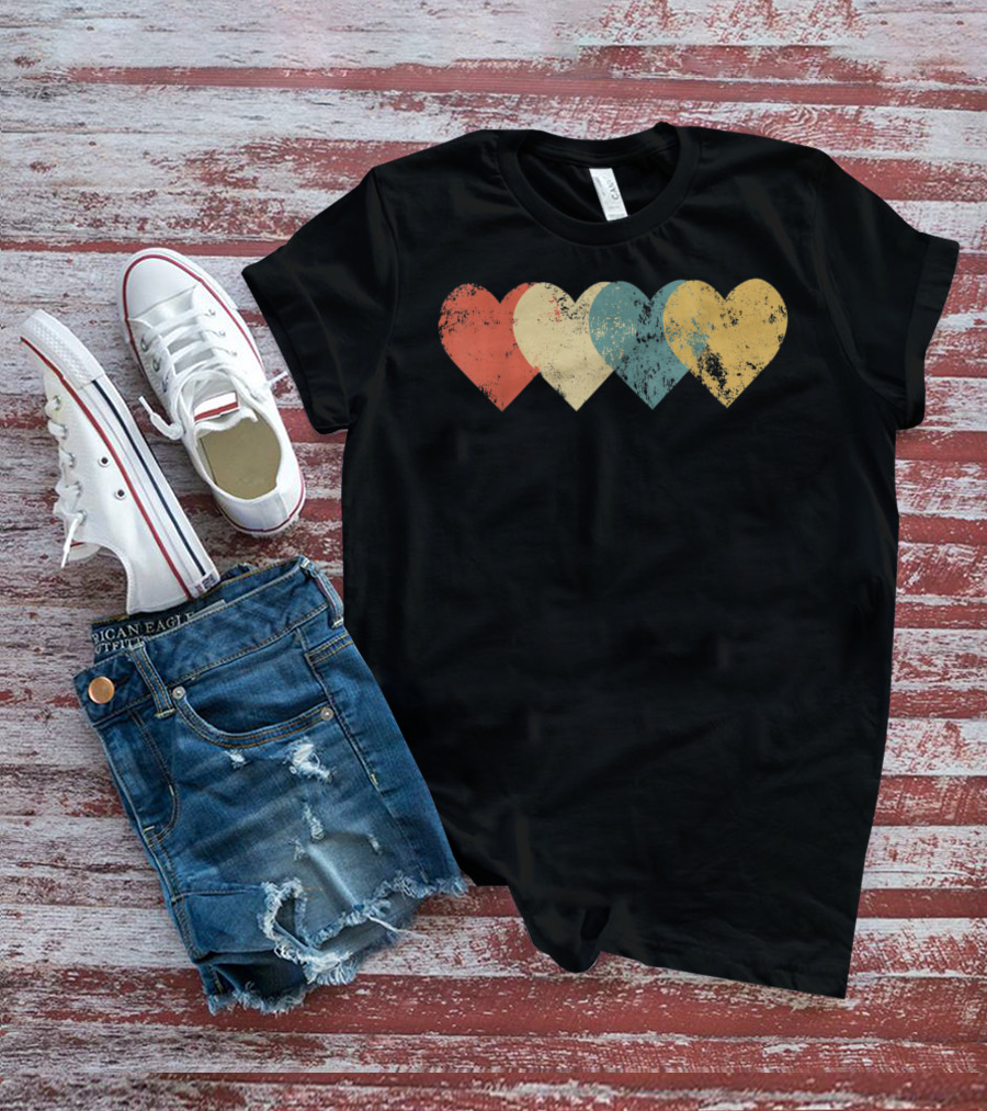 Vintage Hearts Cool Valentines Day Distressed Multicolor T-Shirt