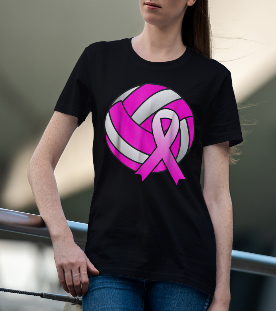Volleyball Pink Ribbon Breast Cancer Awareness Symbol On Ball T-Shirt