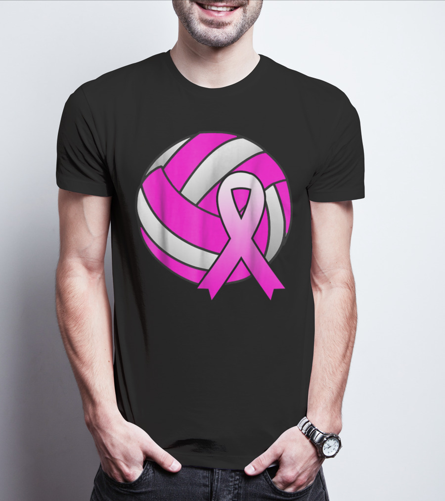 Volleyball Pink Ribbon Breast Cancer Awareness Symbol On Ball T-Shirt
