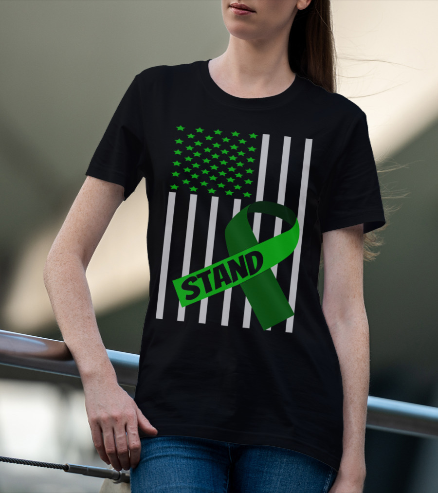 USA Flag Green Ribbon Stand Kidney Disease Awareness T-Shirt