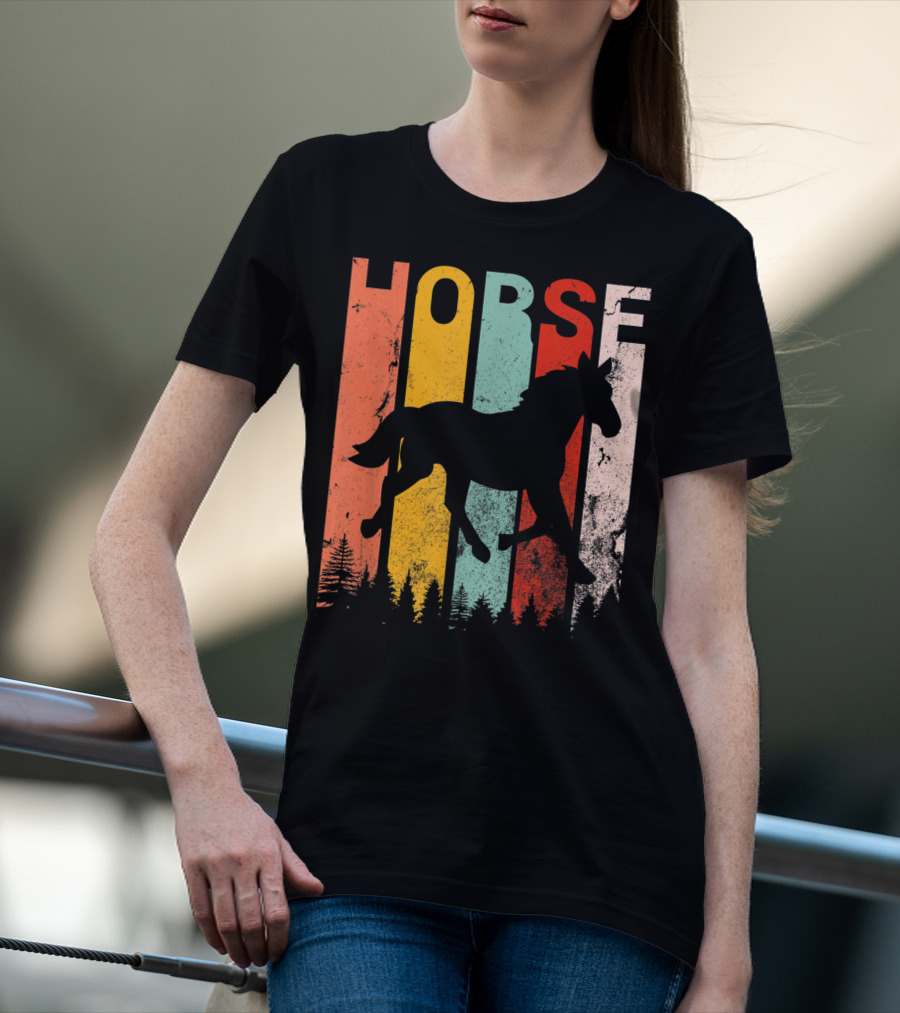 Vintage Style Horse Lover Silhouette With Colorful Stripes And Forest T-Shirt