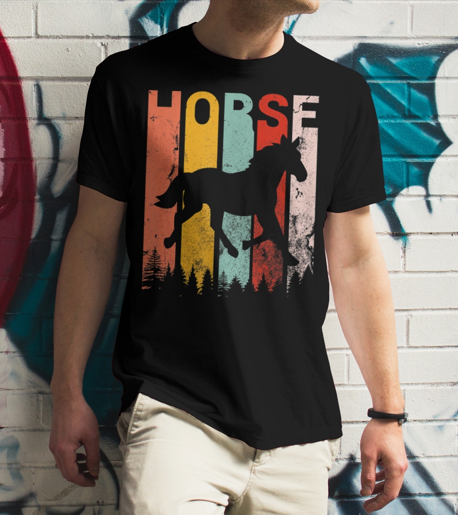 Vintage Style Horse Lover Silhouette With Colorful Stripes And Forest T-Shirt