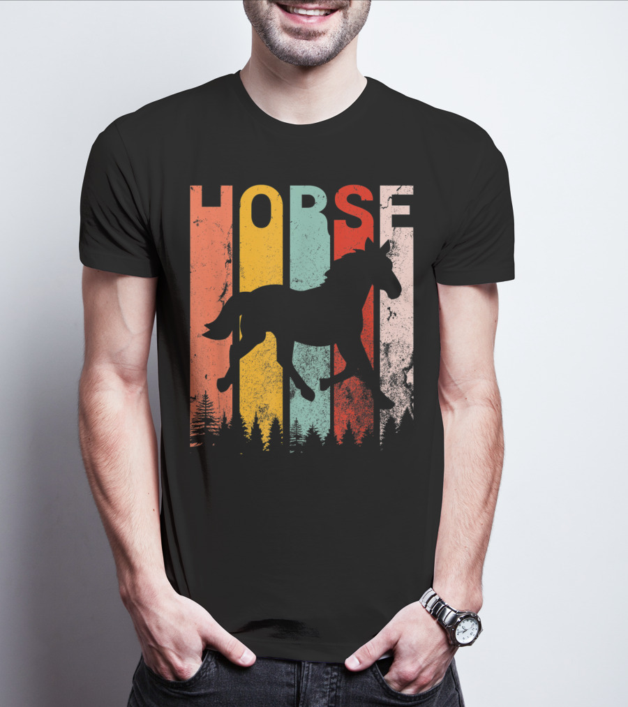 Vintage Style Horse Lover Silhouette With Colorful Stripes And Forest T-Shirt