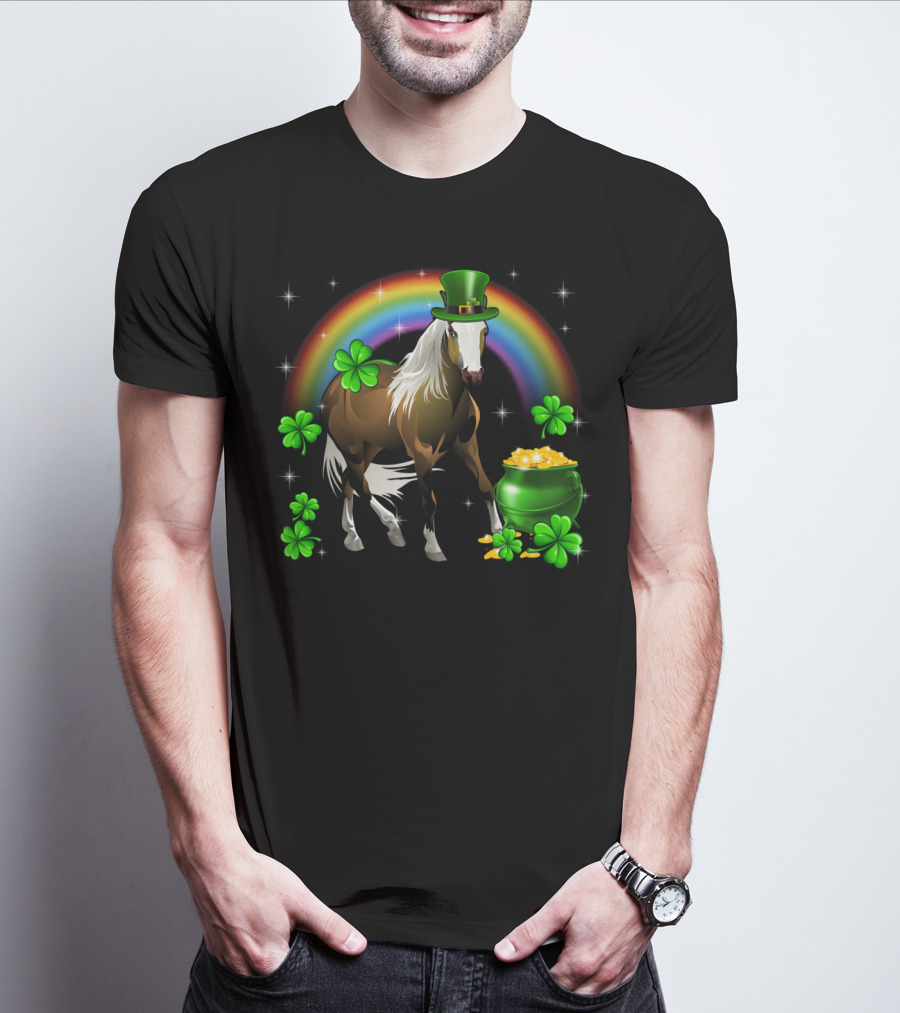 Lucky St Patricks Day Horse With Shamrocks And Rainbow T-Shirt