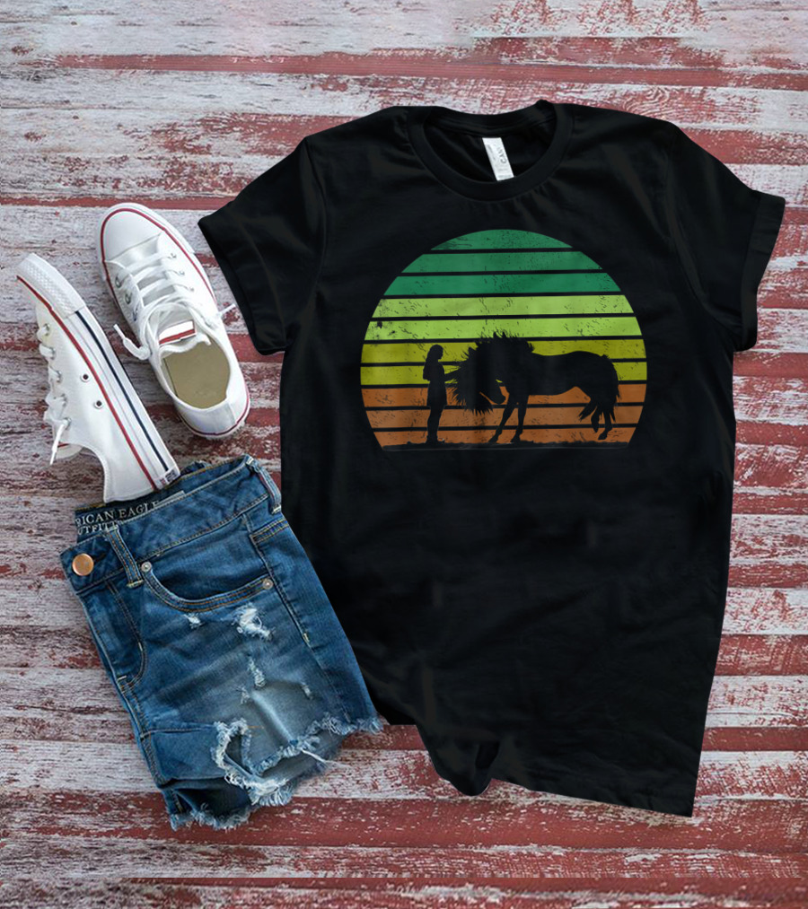 Girl And Horse Silhouette Sunset Stripes T-Shirt