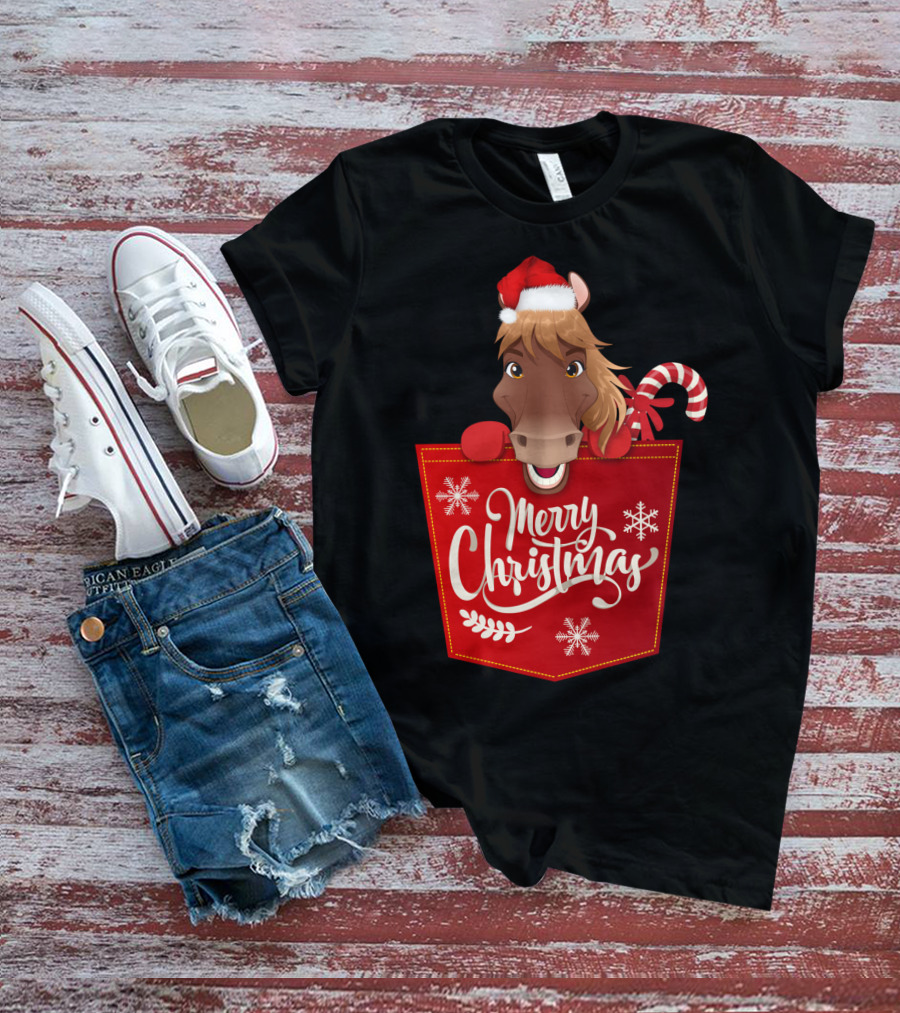 Funny Horse In Santa Hat With Candy Cane Merry Christmas Crewneck T-Shirt
