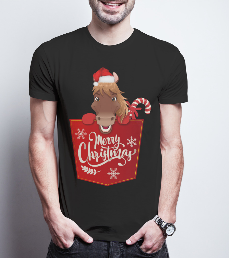 Funny Horse In Santa Hat With Candy Cane Merry Christmas Crewneck T-Shirt