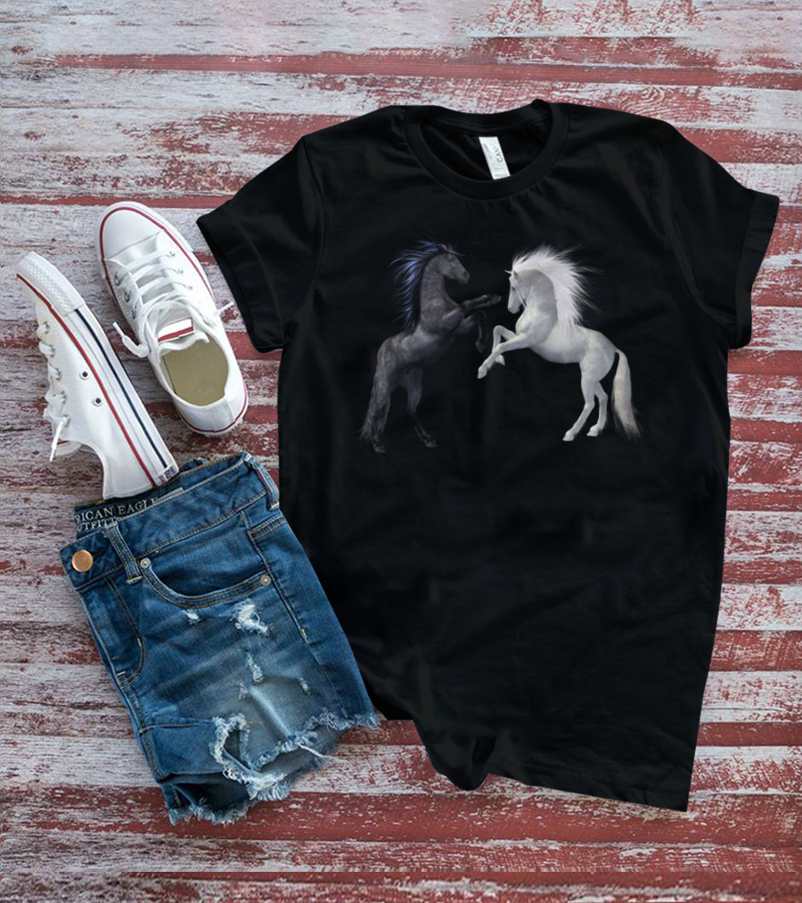 Girl's Horse Play Horseback Riding Esquireian Black Stallion White Mare T-Shirt
