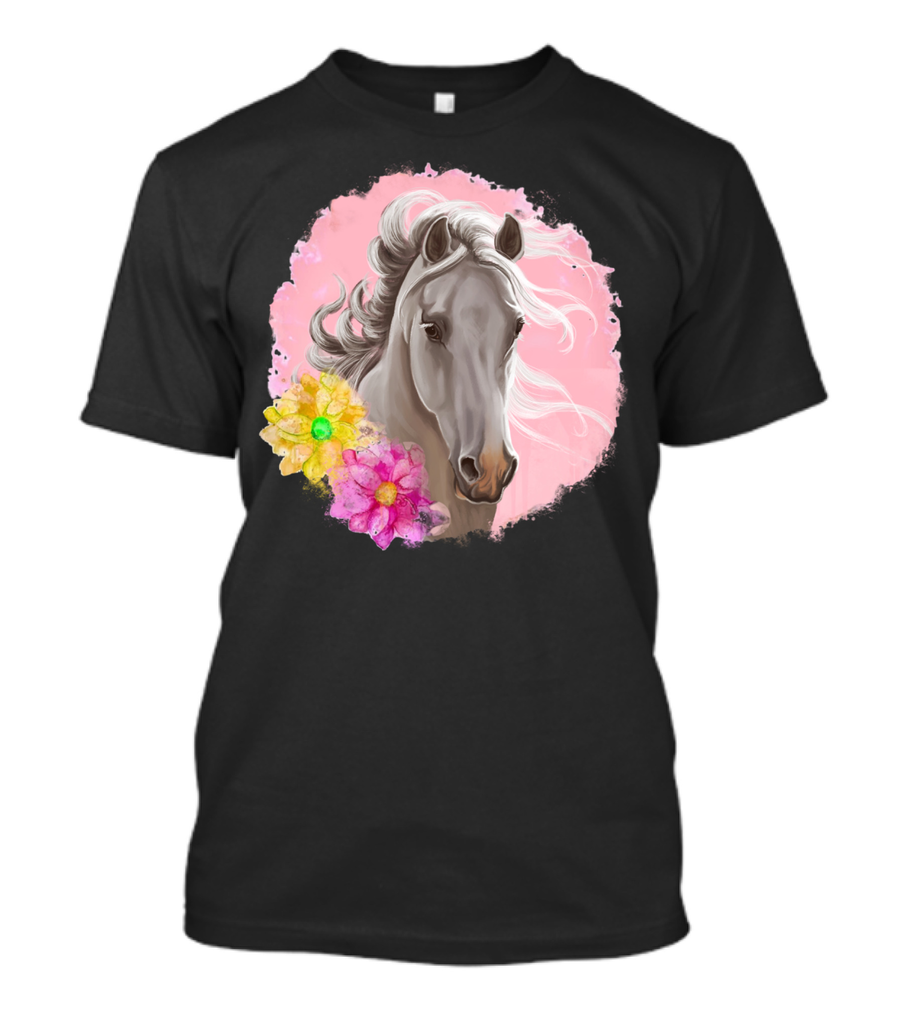Gorgeous Horse With Vibrant Flowers On Pink Background T-Shirt