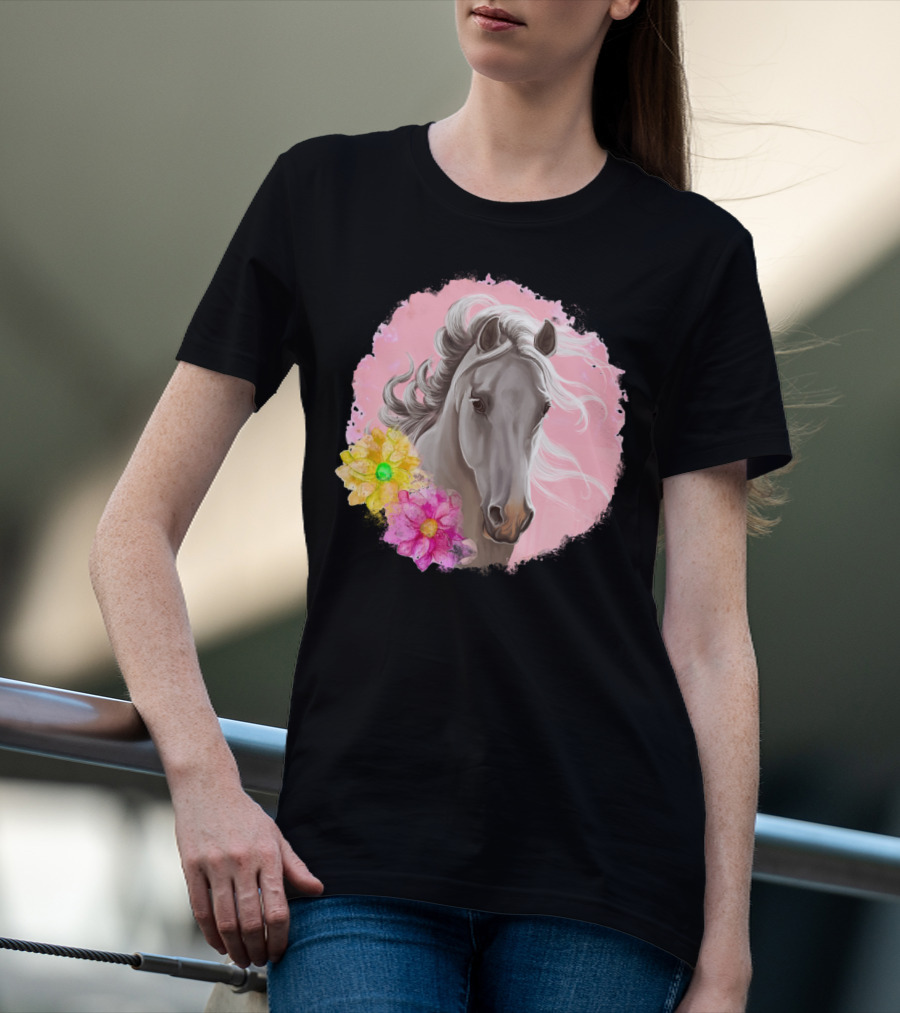 Gorgeous Horse With Vibrant Flowers On Pink Background T-Shirt