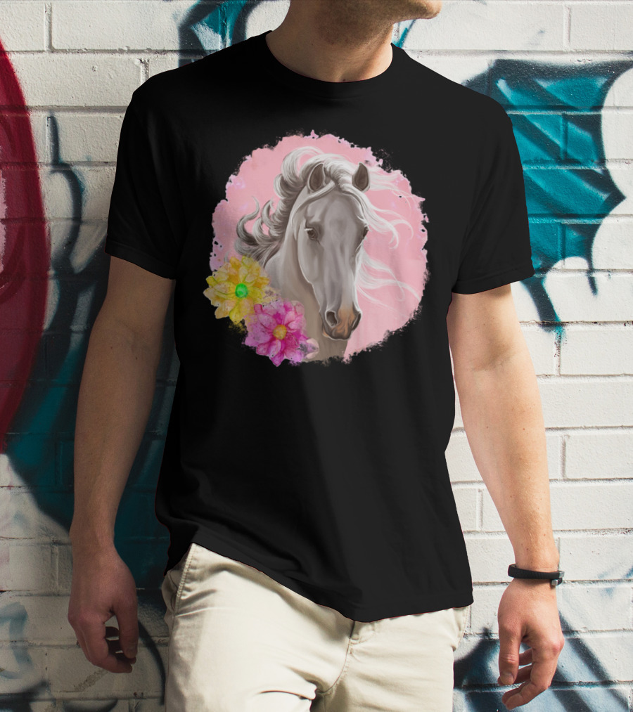 Gorgeous Horse With Vibrant Flowers On Pink Background T-Shirt