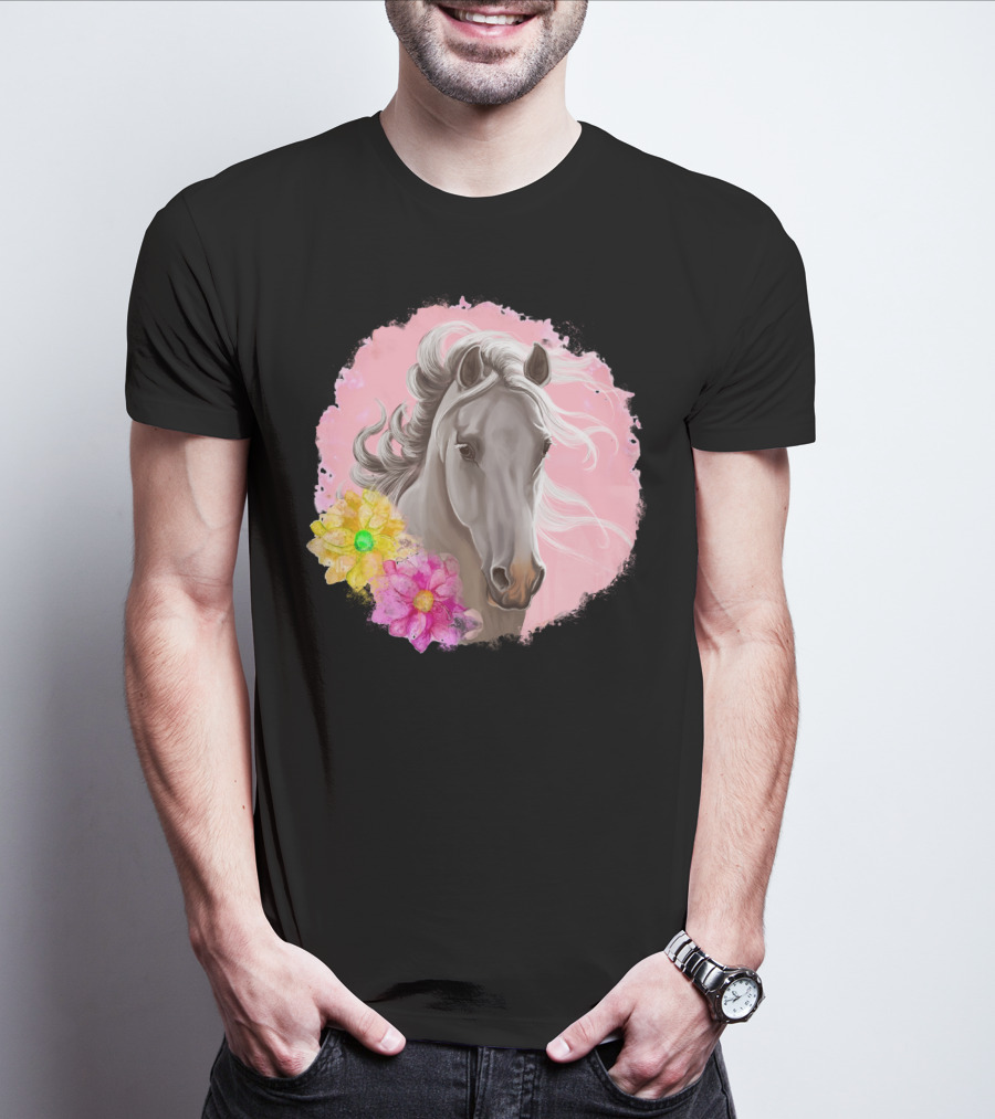 Gorgeous Horse With Vibrant Flowers On Pink Background T-Shirt