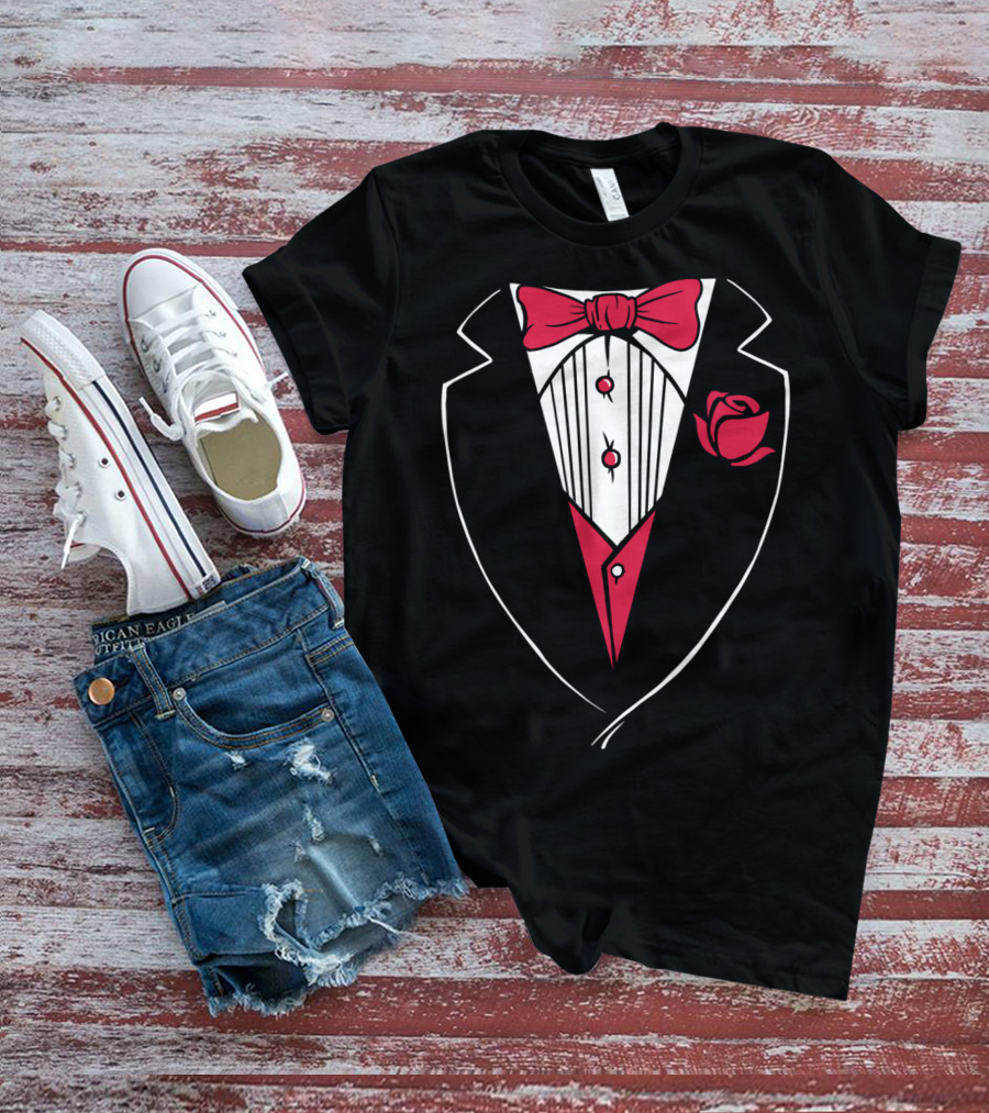 Classic Tuxedo Rose Bowtie Wedding Party Bachelor Costume T-Shirt