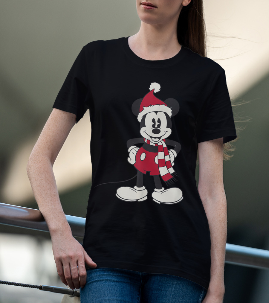 Disney Mickey Mouse Christmas Santa Hat And Scarf T-Shirt