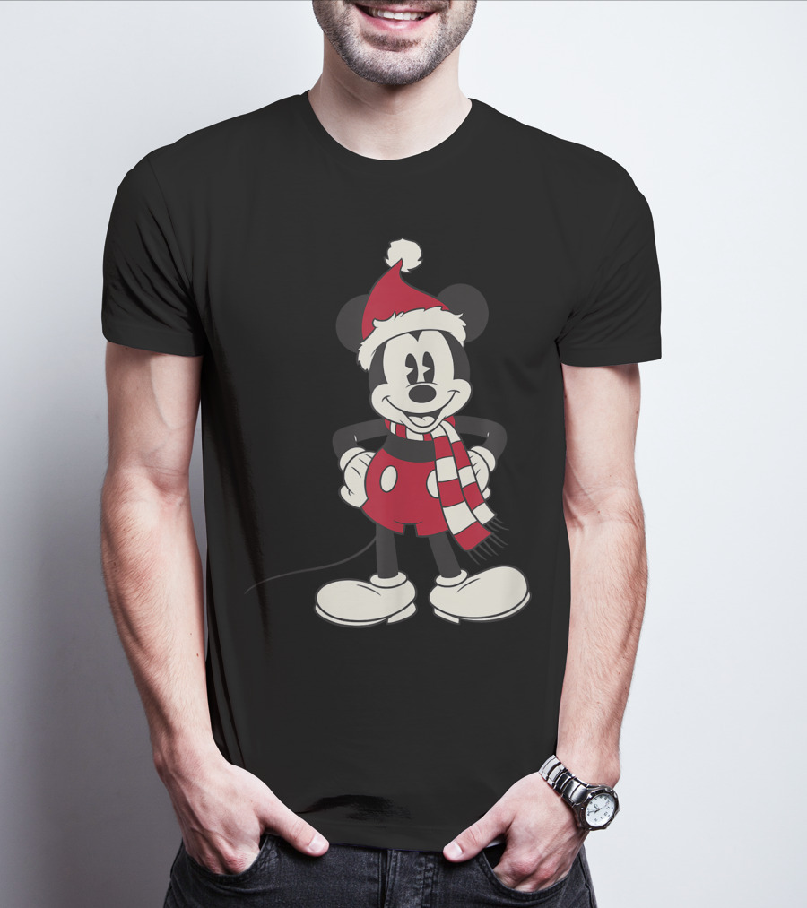 Disney Mickey Mouse Christmas Santa Hat And Scarf T-Shirt