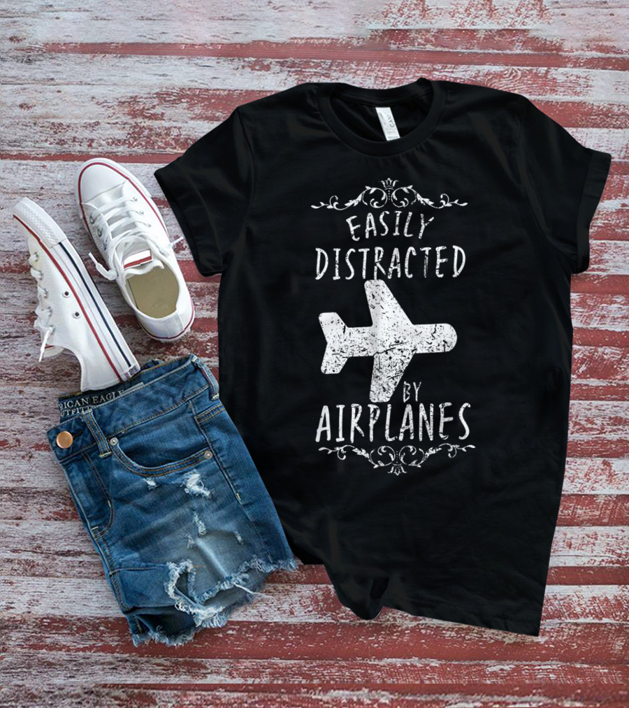 Easily Distracted By Airplanes Pilot Humor F1 T-Shirt