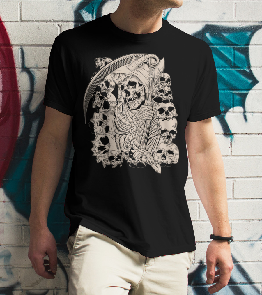 Grim Reaper Skull Scythe Classic Ink Drawing T-Shirt