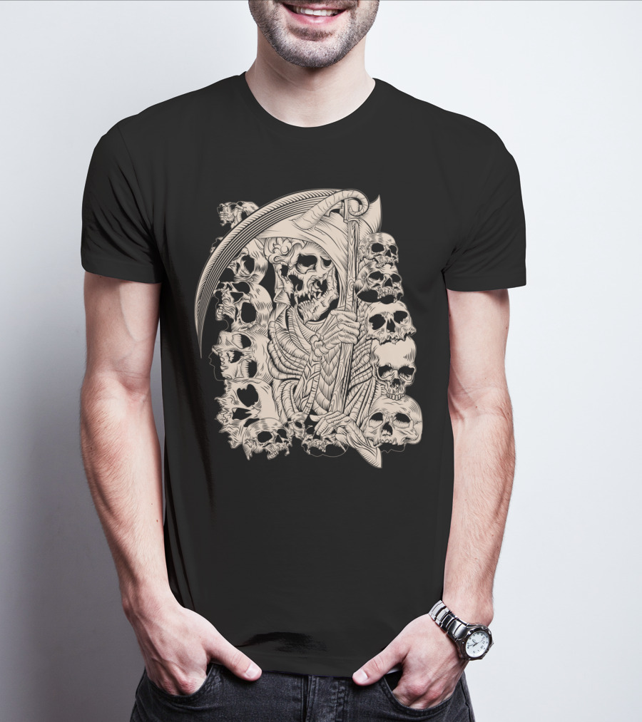 Grim Reaper Skull Scythe Classic Ink Drawing T-Shirt