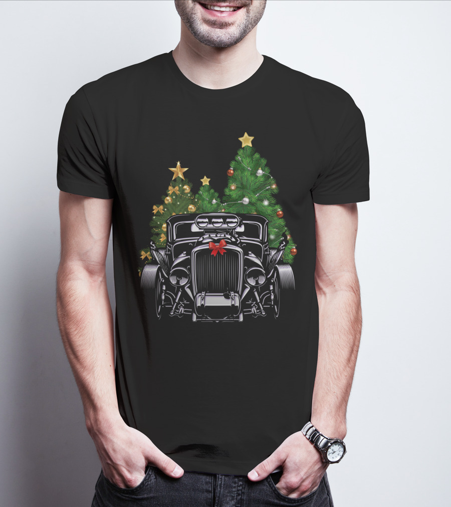 Classic American Hot Rod Christmas Tree Scene T-Shirt
