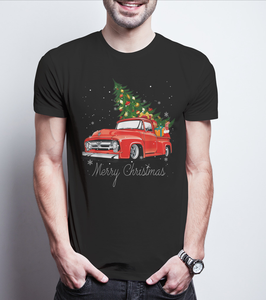 Merry Christmas Red Truck With Christmas Tree And Gifts In Snow T-Shirt