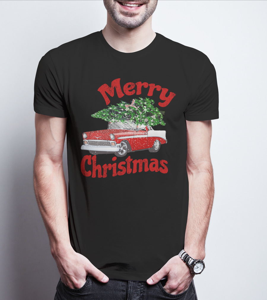 Merry Christmas Vintage Classic Car With Christmas Tree T-Shirt