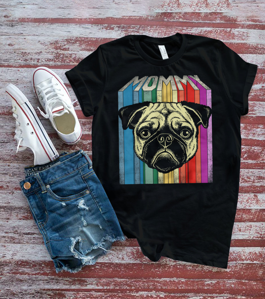 Mommy Pug Dog Retro Rainbow Stripes T-Shirt