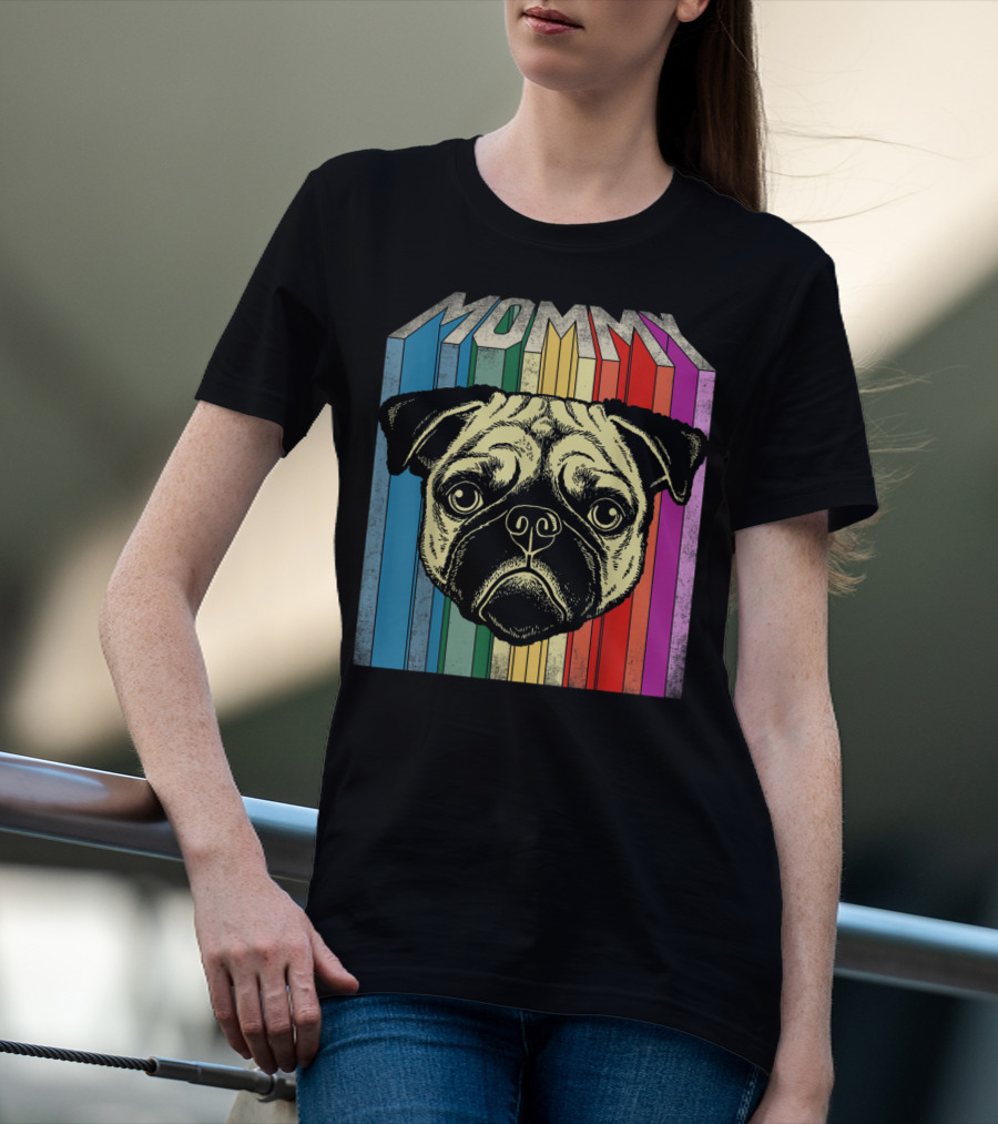 Mommy Pug Dog Retro Rainbow Stripes T-Shirt