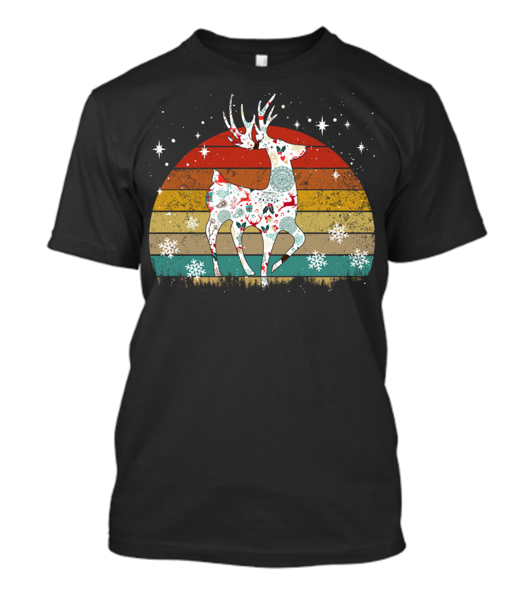 Vintage Retro Reindeer Snowflakes Christmas T-Shirt