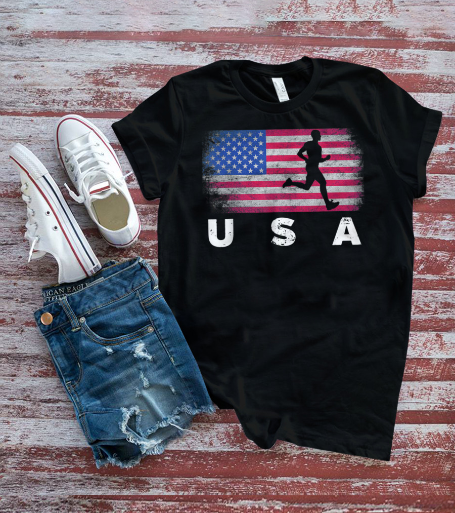 USA American Flag Track Field Running T-Shirt