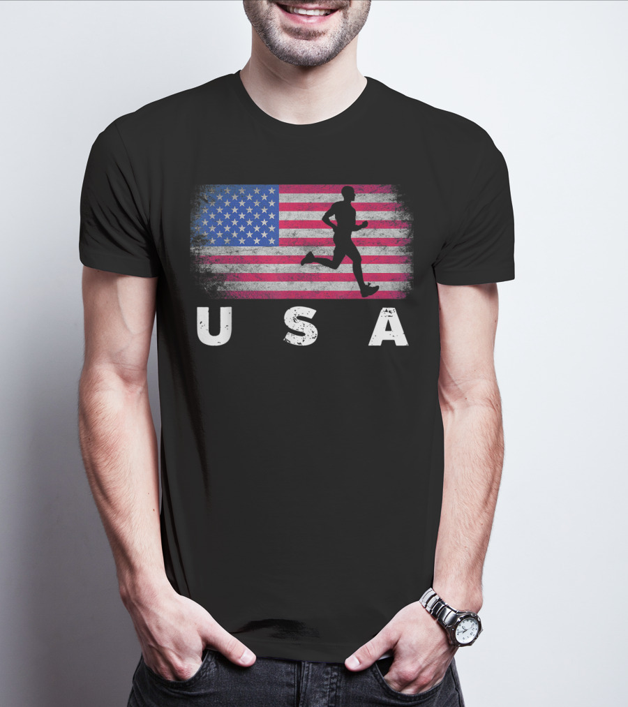 USA American Flag Track Field Running T-Shirt