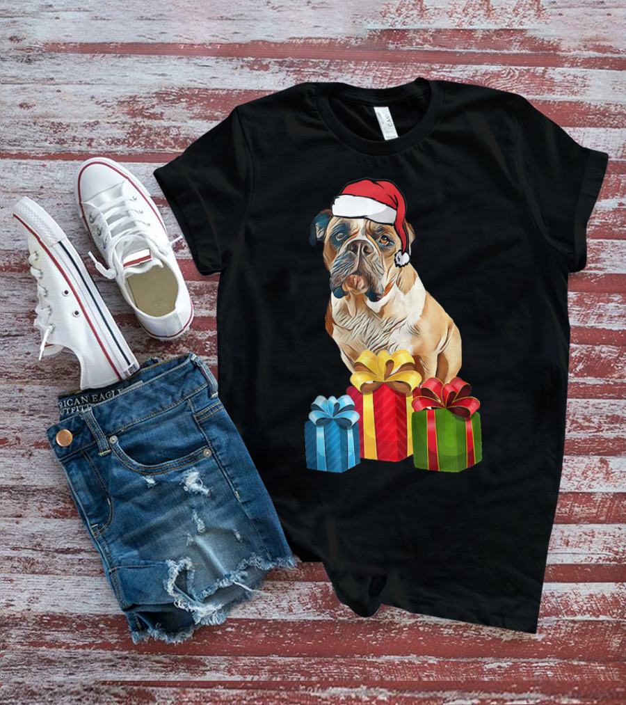 Bulldog With Santa Hat And Holiday Gifts T-Shirt