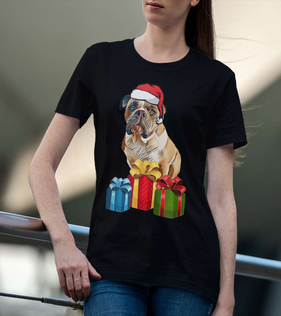Bulldog With Santa Hat And Holiday Gifts T-Shirt