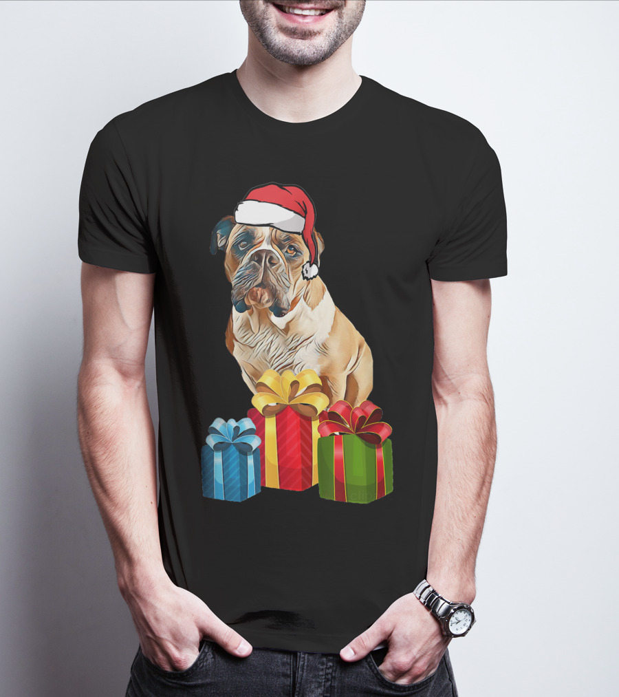 Bulldog With Santa Hat And Holiday Gifts T-Shirt