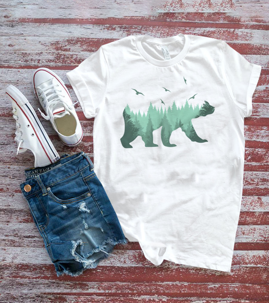 Bear Forest Silhouette With Trees And Eagles In The Woods T-Shirt