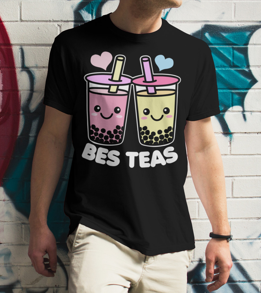 Bes Teas Cute Kawaii Boba Drinks Pink Yellow Hearts T-Shirt