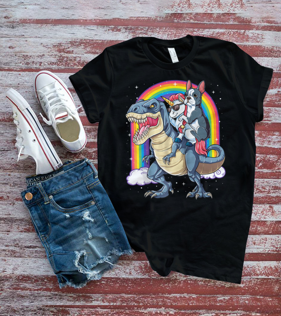 Boston Terrier And Unicorn Riding T-Rex T-Shirt