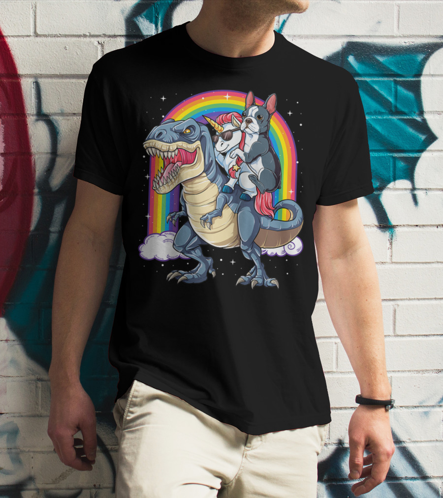 Boston Terrier And Unicorn Riding T-Rex T-Shirt