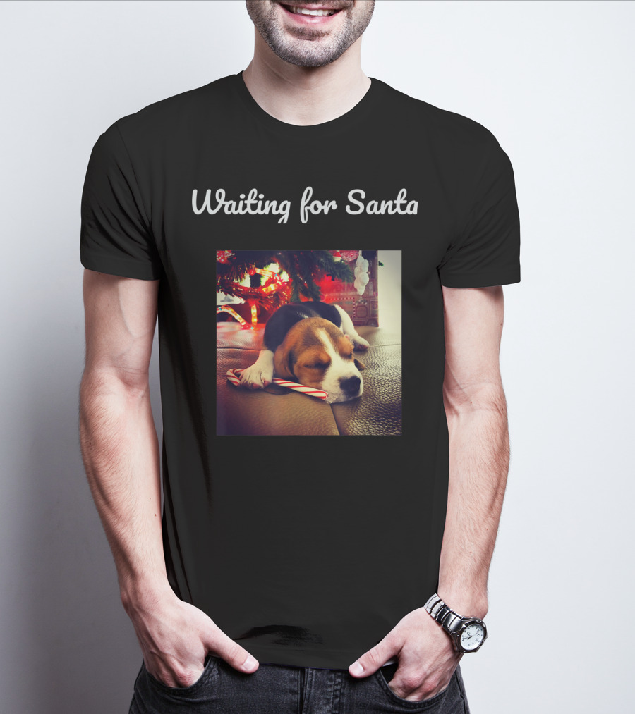 Waiting For Santa Cute Dog Under Christmas Tree With Candy Cane T-Shirt