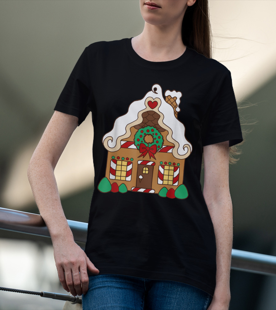 Christmas Gingerbread House With Candy Cane And Wreath T-Shirt