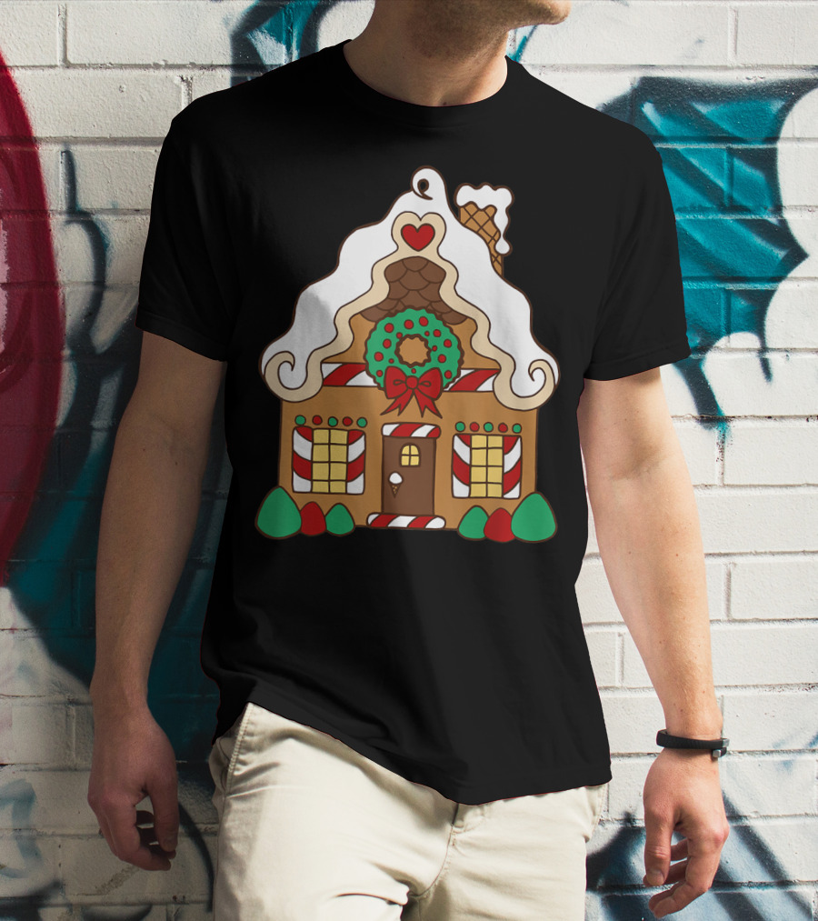 Christmas Gingerbread House With Candy Cane And Wreath T-Shirt