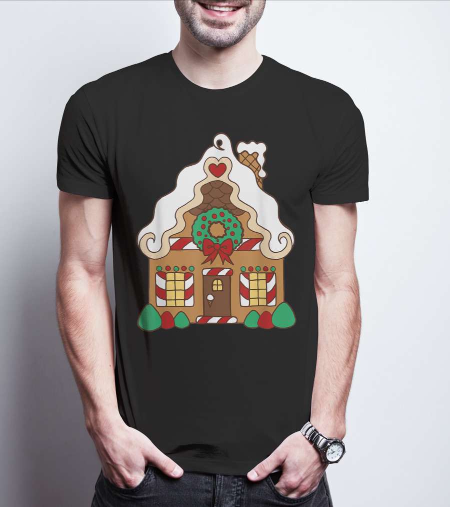Christmas Gingerbread House With Candy Cane And Wreath T-Shirt
