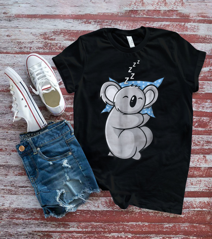 Cute Koala Bear Lazy Sleeping Animal With Blue Polka Dot Pillow T-Shirt