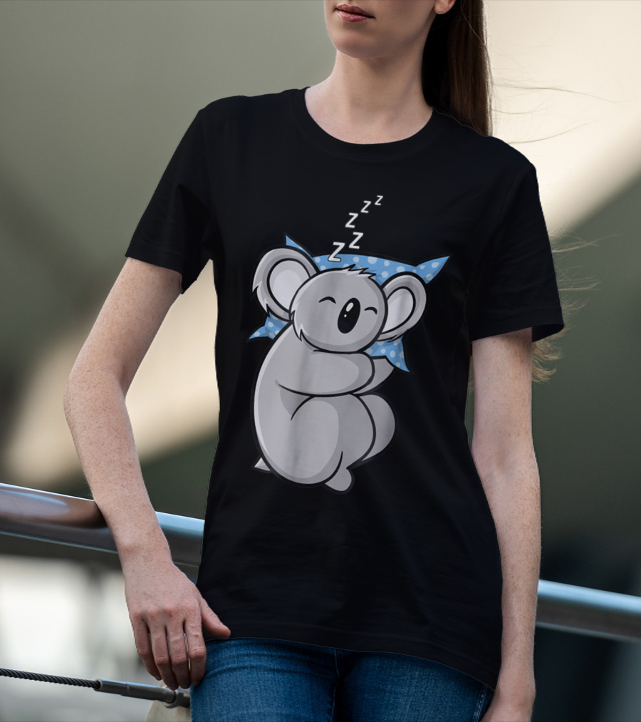 Cute Koala Bear Lazy Sleeping Animal With Blue Polka Dot Pillow T-Shirt