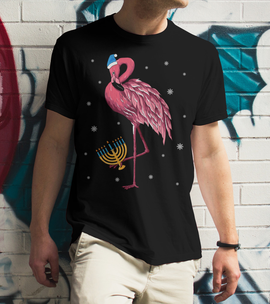 Cute Menorah Flamingo Hanukkah Chanukah With Snowflakes T-Shirt