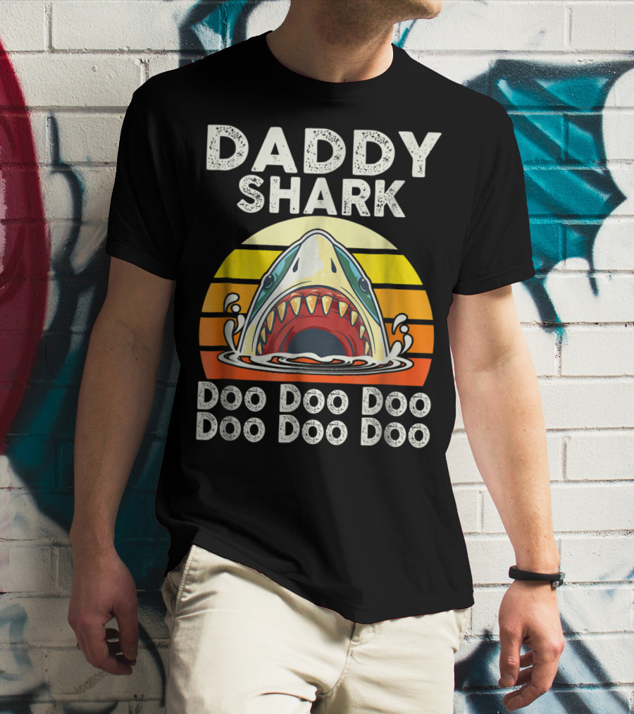Daddy Shark Doo Doo Doo Doo Doo Doo Funny Sunset Shark Face T-Shirt