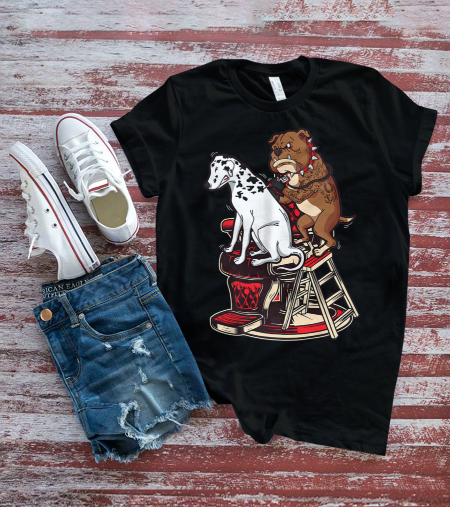 Dalmatian And Tattoo Artist Bulldog On Barber Chair T-Shirt