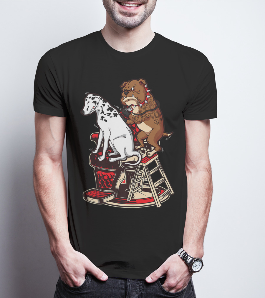 Dalmatian And Tattoo Artist Bulldog On Barber Chair T-Shirt