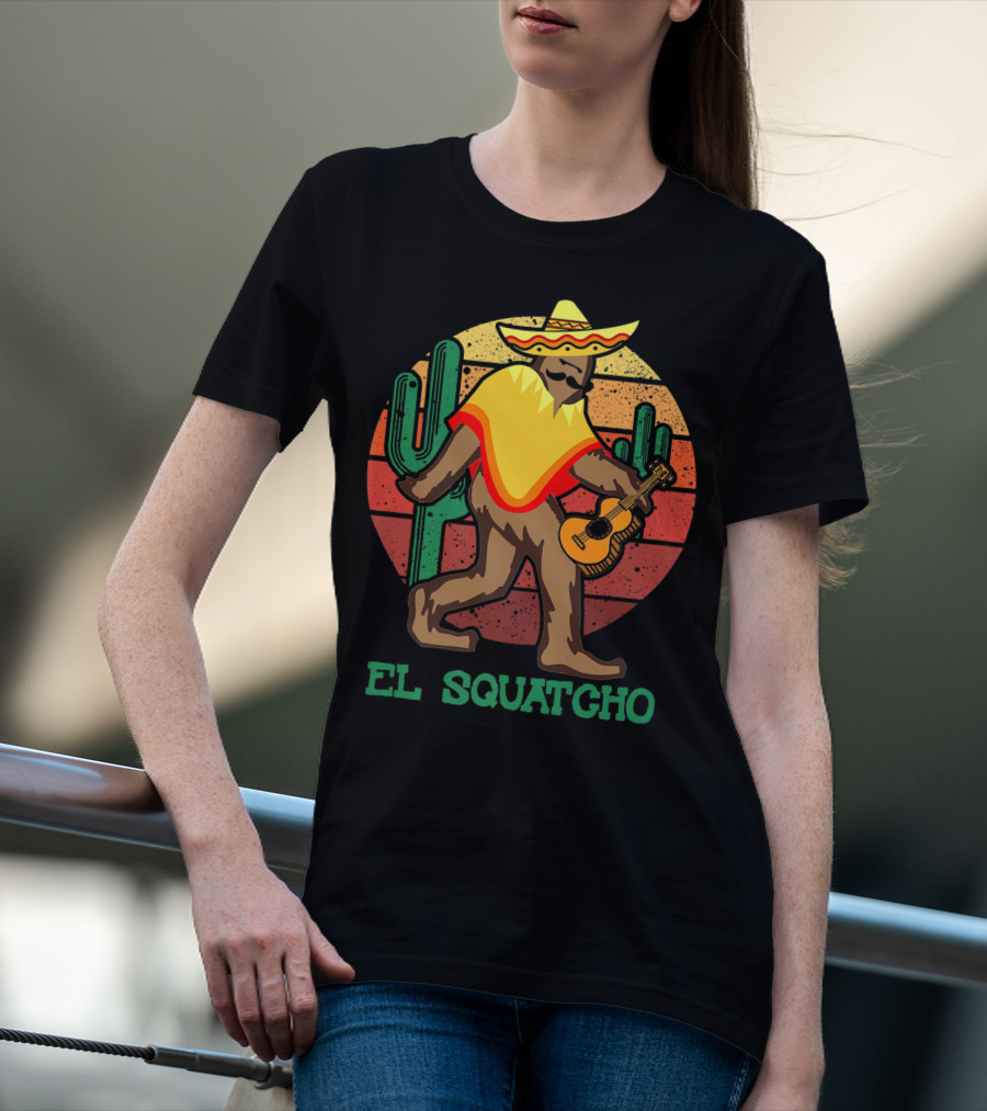 El Squatcho Mexican Sasquatch Bigfoot Cinco De Mayo Cactus Sunset Sombrero Guitar T-Shirt
